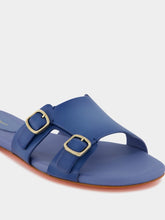 Santoni Double-Buckle Blue Leather Slides