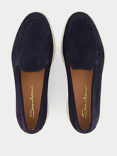 Santoni Blue Suede Calf Leather Loafers