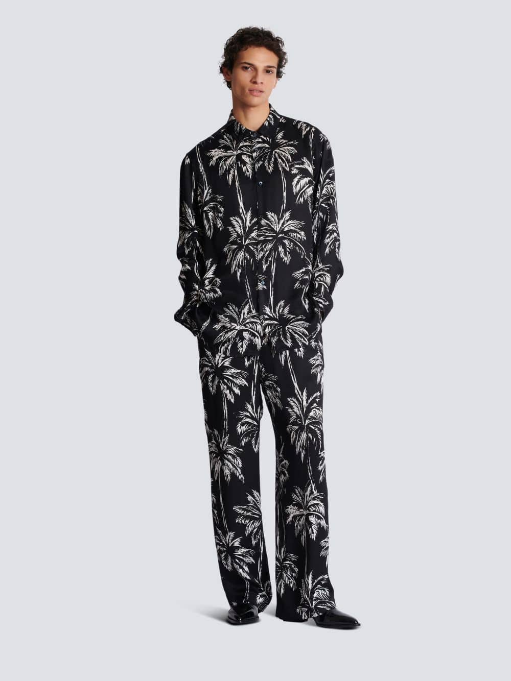 Black Palm Print Satin Pyjama Trousers