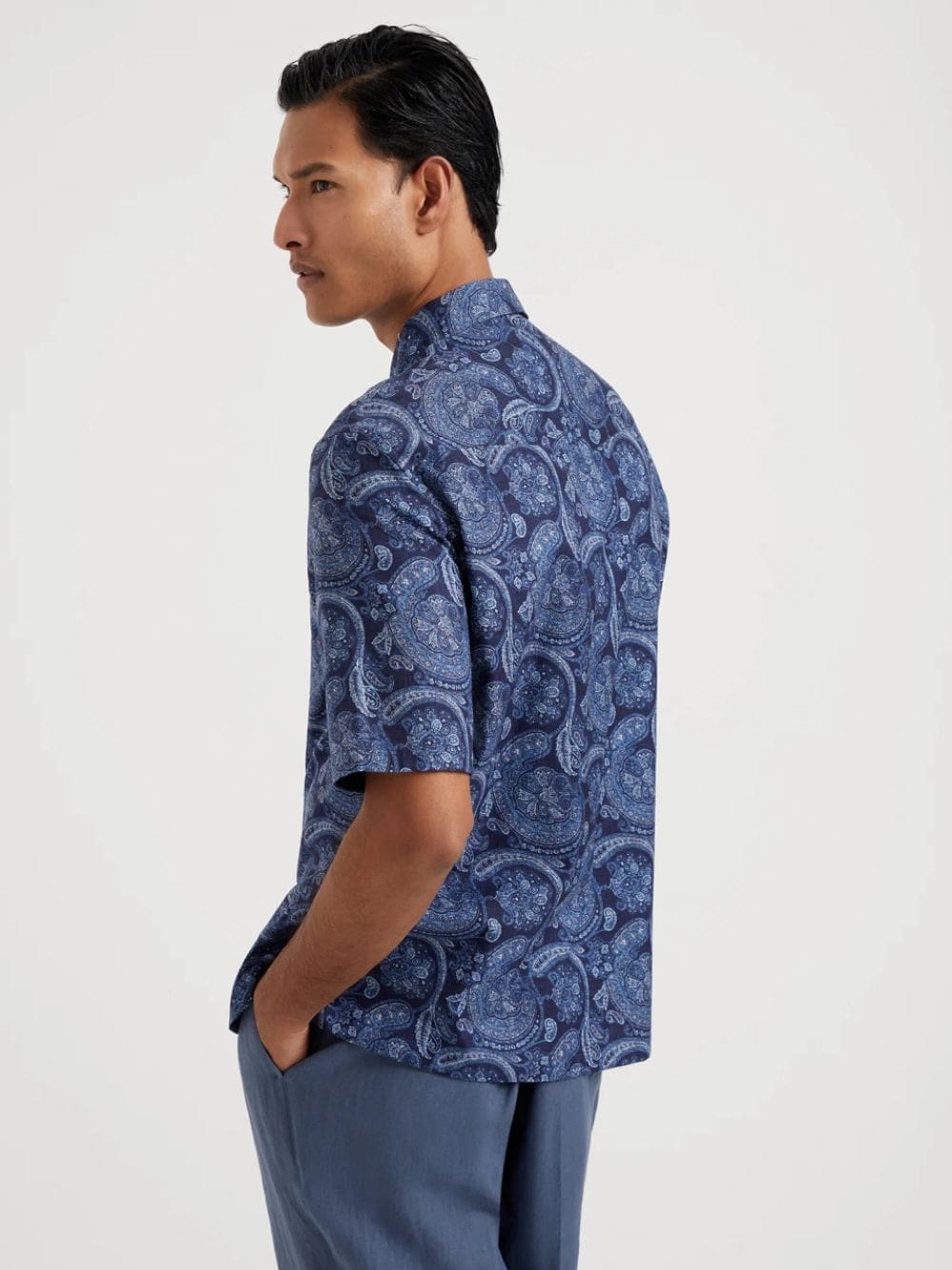 Marine Paisley Linen Camp Collar Shirt