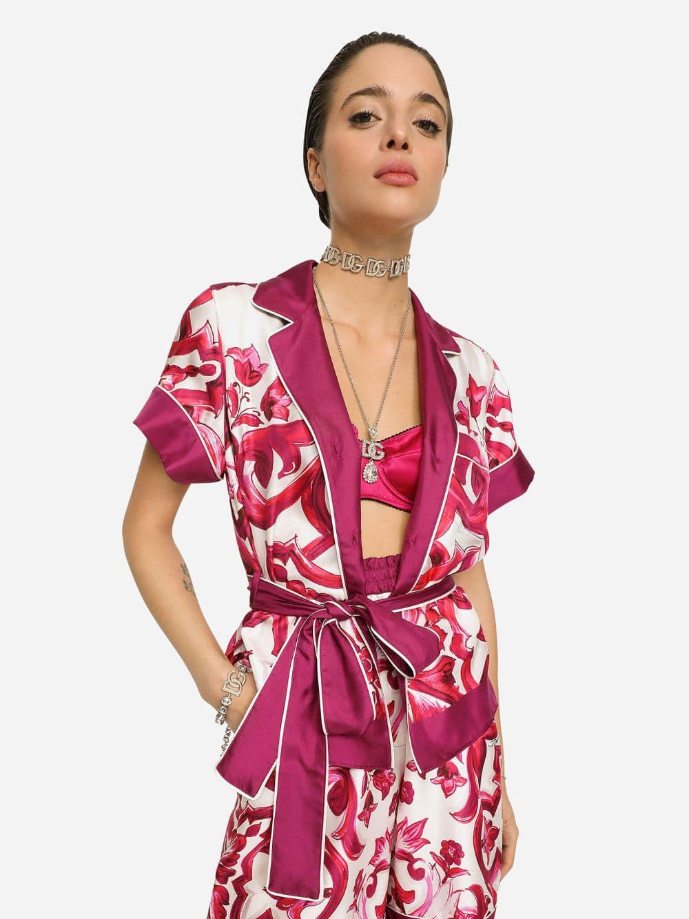 Majolica-Print Belted Silk Shirt