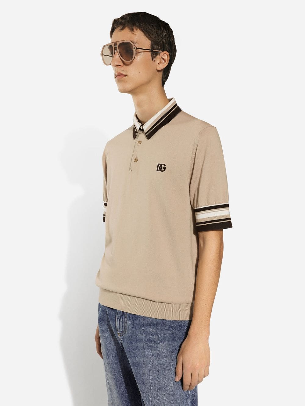 Beige Silk Polo Shirt with DG Embroidery