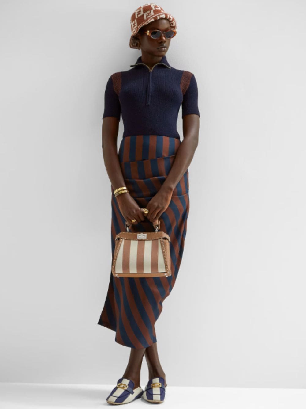 Brown Pequin Silk Midi Skirt