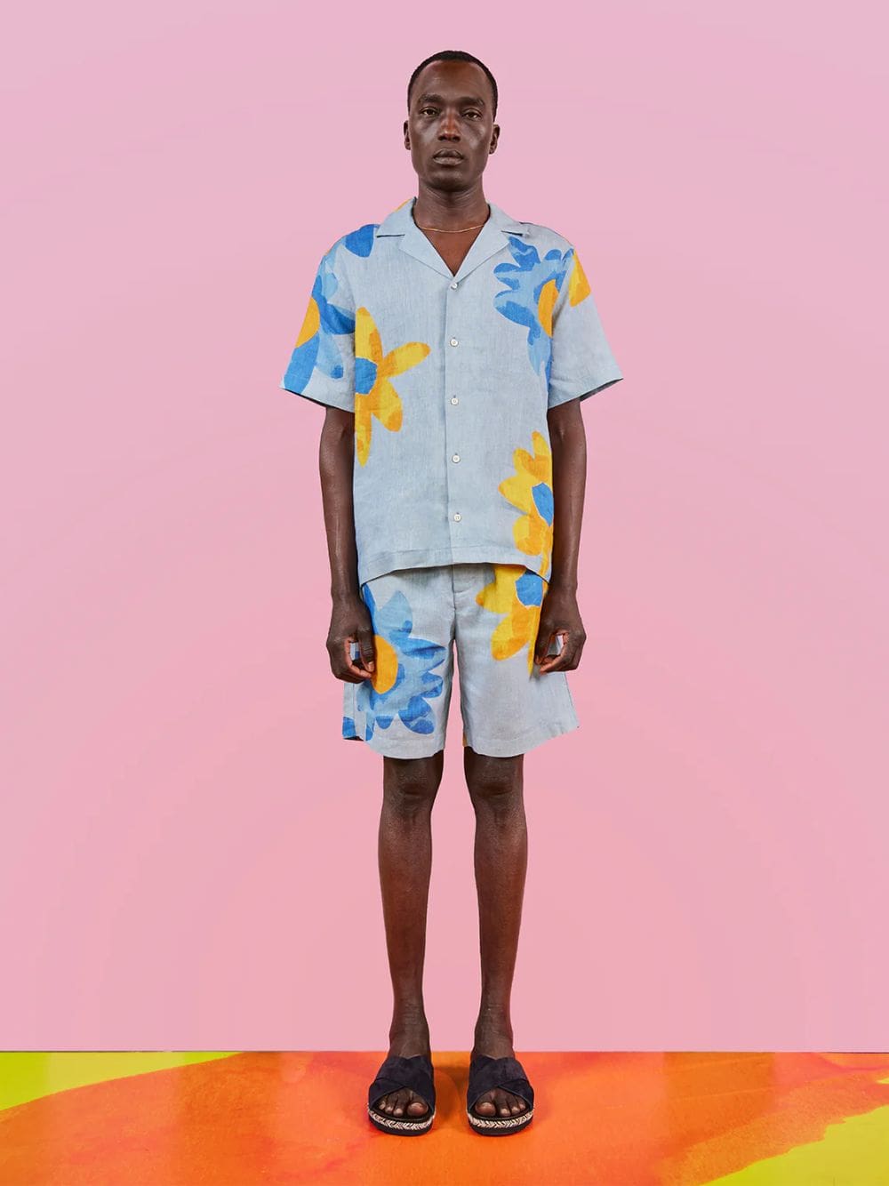 x John Booth Blue Floral Felipe Linen Shorts