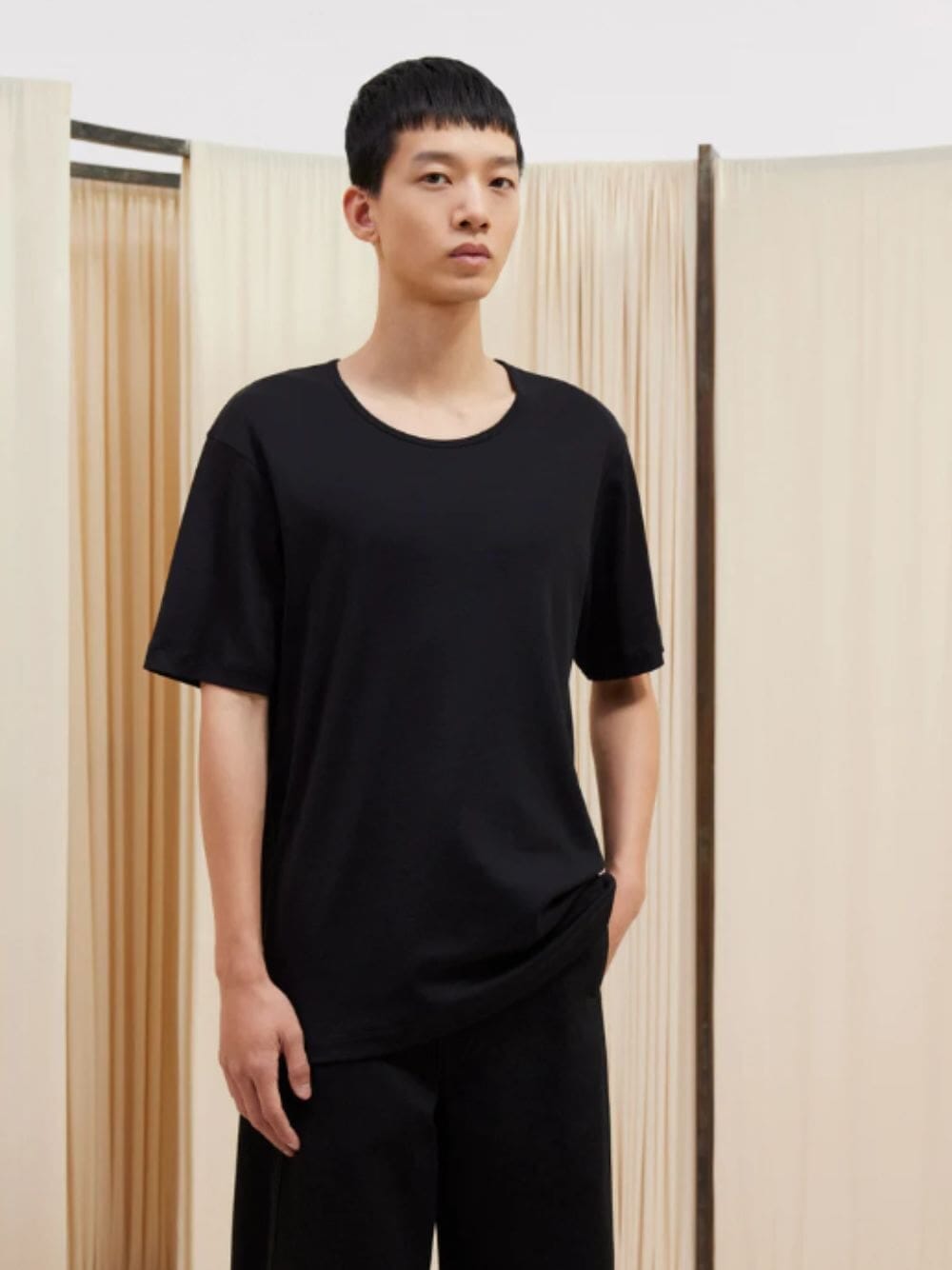 Black Ribbed U-Neck T-Shirt