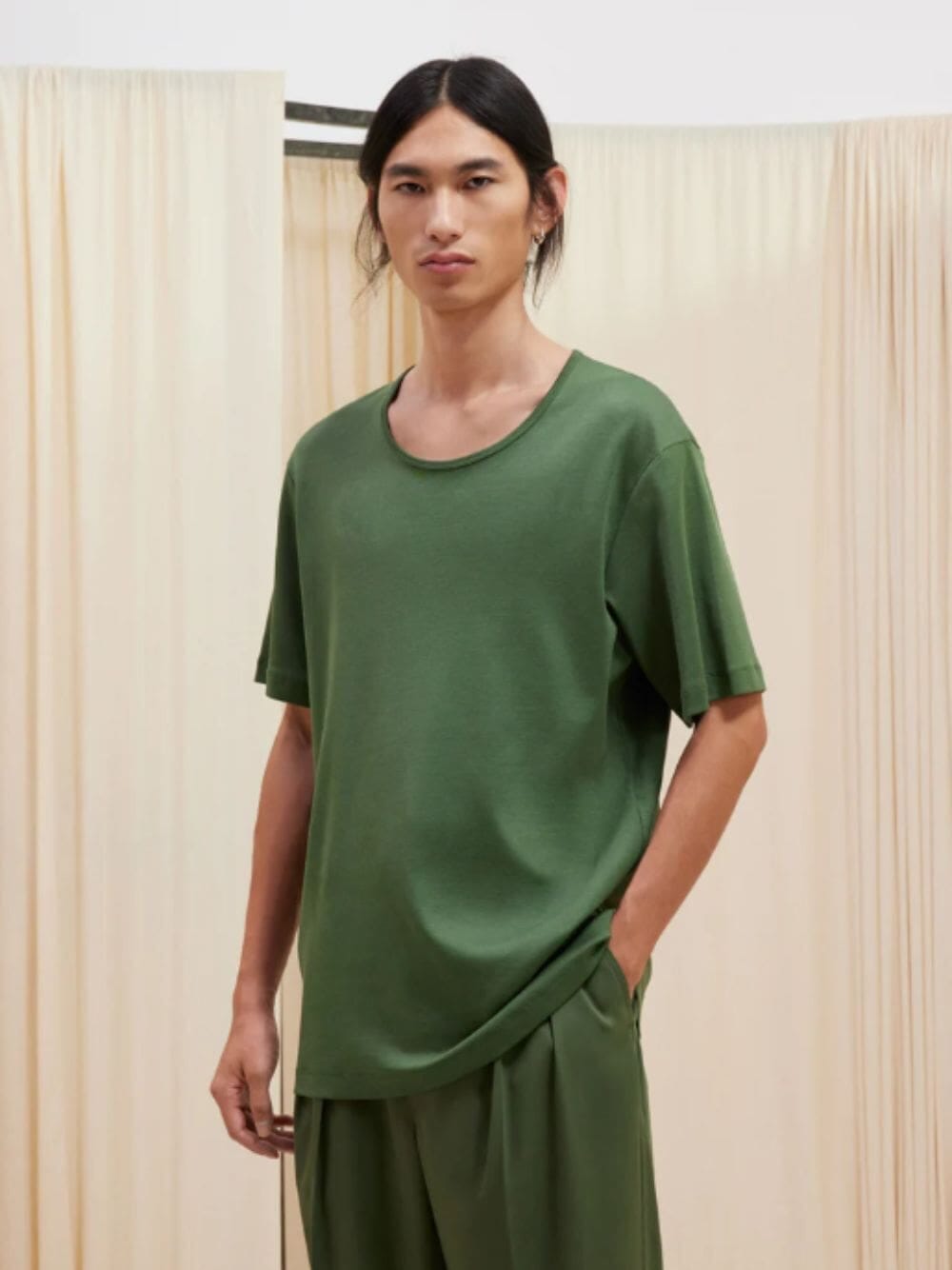 Green Ribbed U-Neck T-Shirt