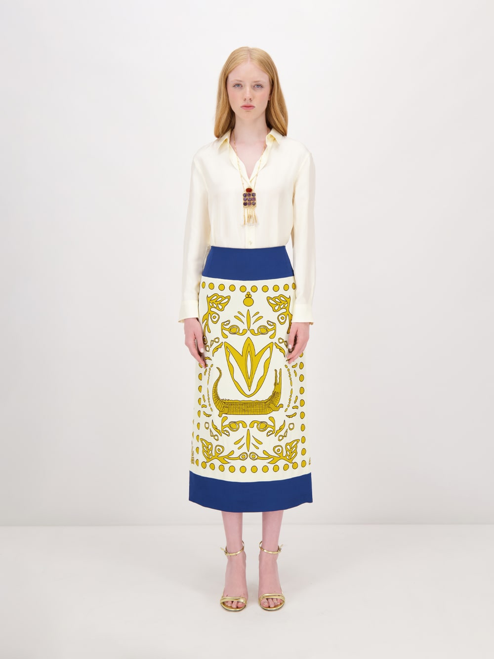 Elizabeth Vanilla Custard Embroidered Pencil Skirt