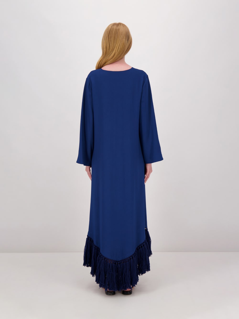 Onyx Estate Blue Chenille Embroidered Dress with Fringes