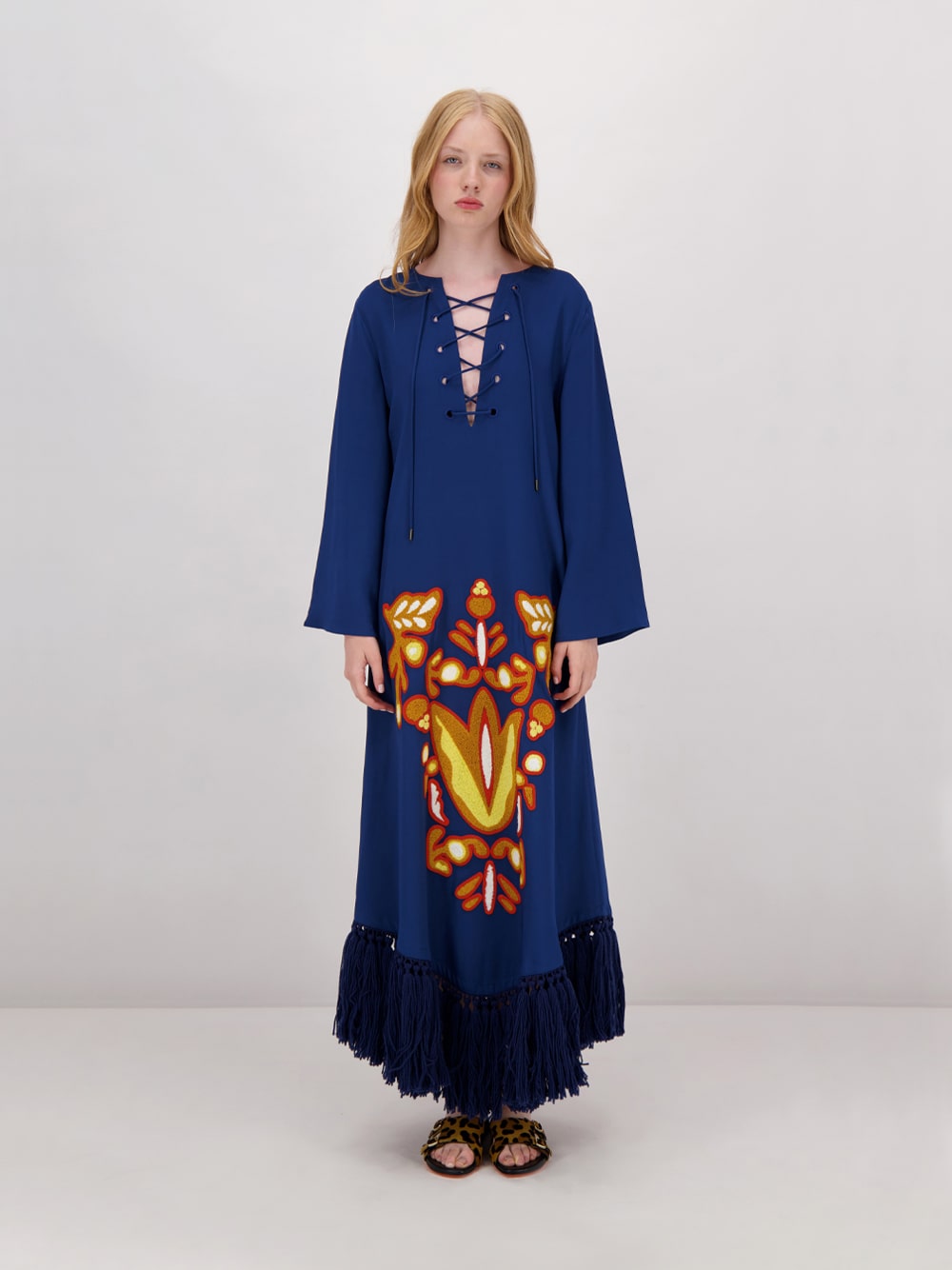 Onyx Estate Blue Chenille Embroidered Dress with Fringes