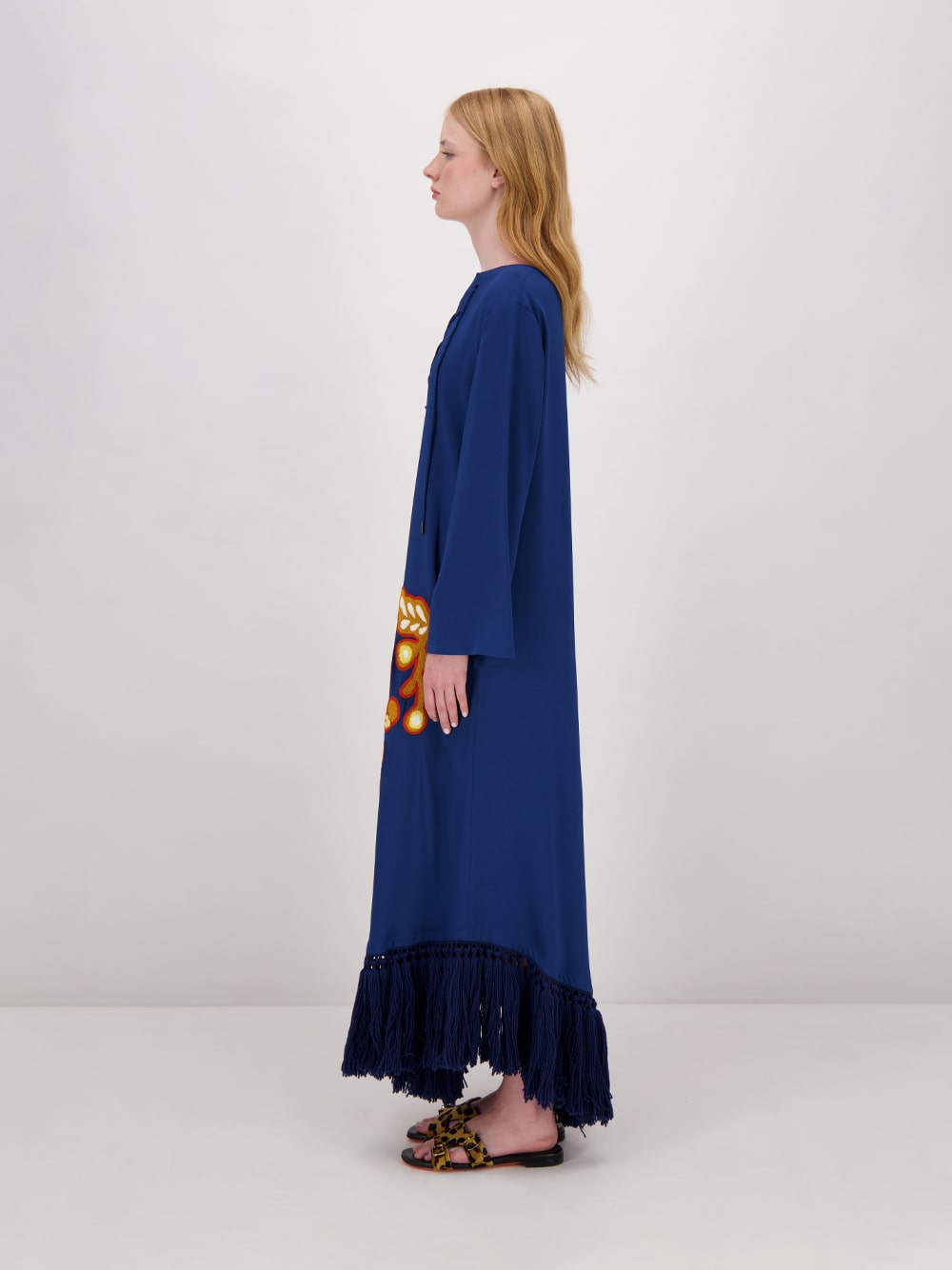 Onyx Estate Blue Chenille Embroidered Dress with Fringes