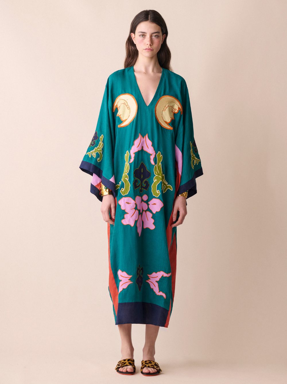 Cinnabar Linen Dress With Embroidered Patches