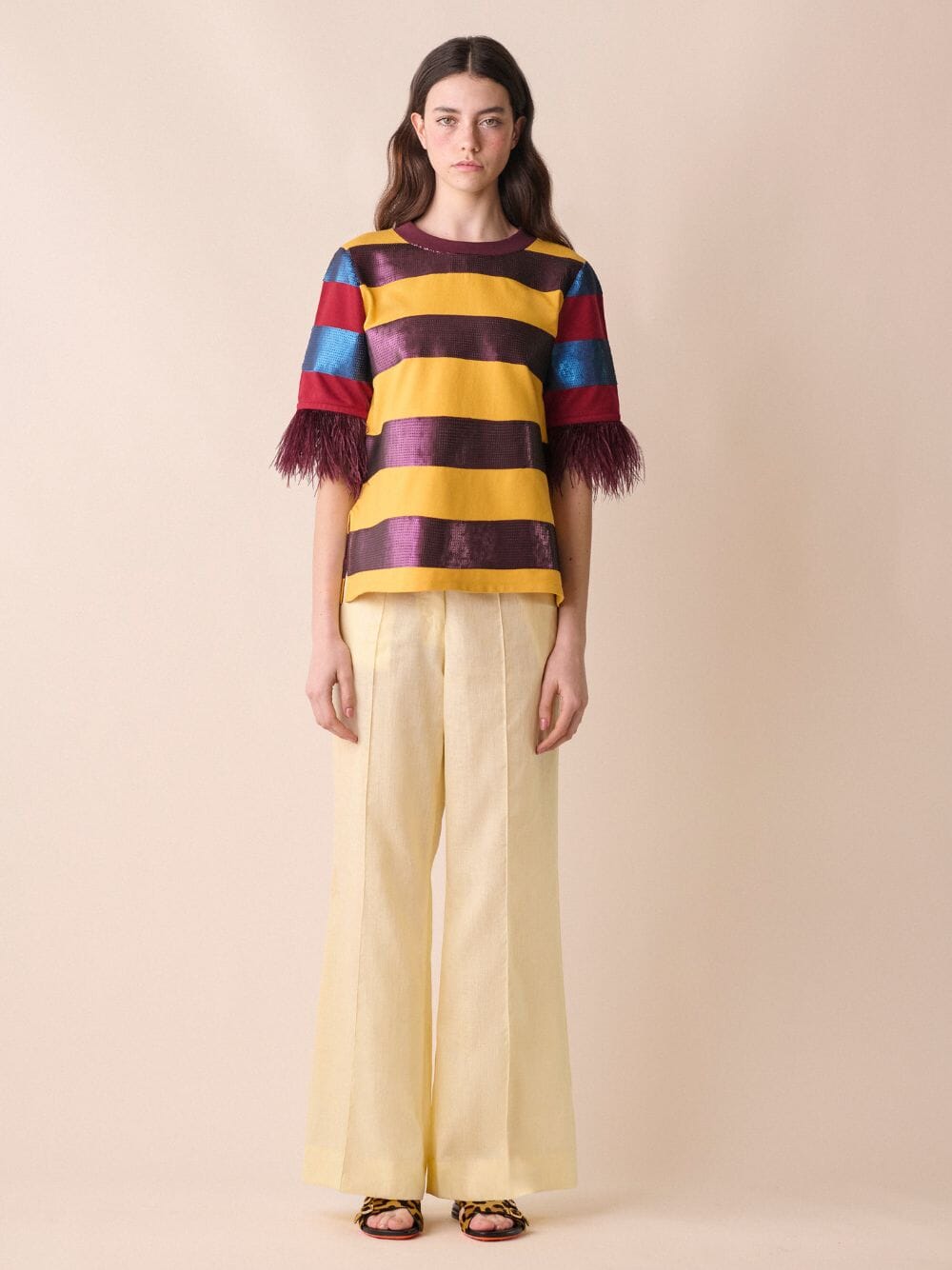 Lyra Sequin Embroidered Striped T-Shirt With Feathers