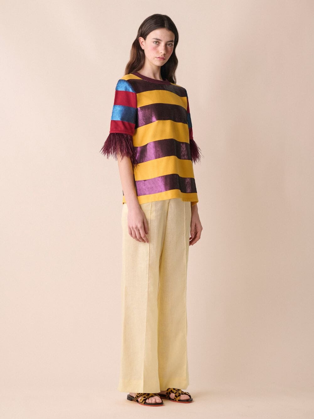 Lyra Sequin Embroidered Striped T-Shirt With Feathers