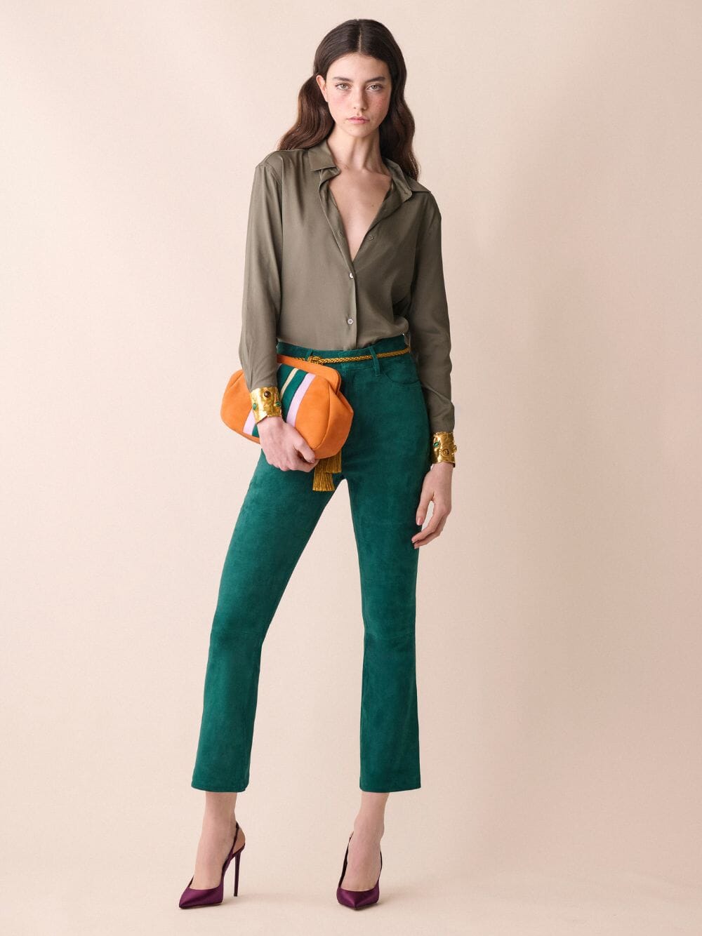 Medine Orange Leather And Suede Clutch