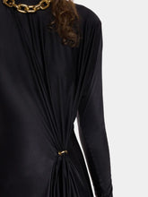 Rabanne Black Long Gathered Jersey Dress with Gold Ring