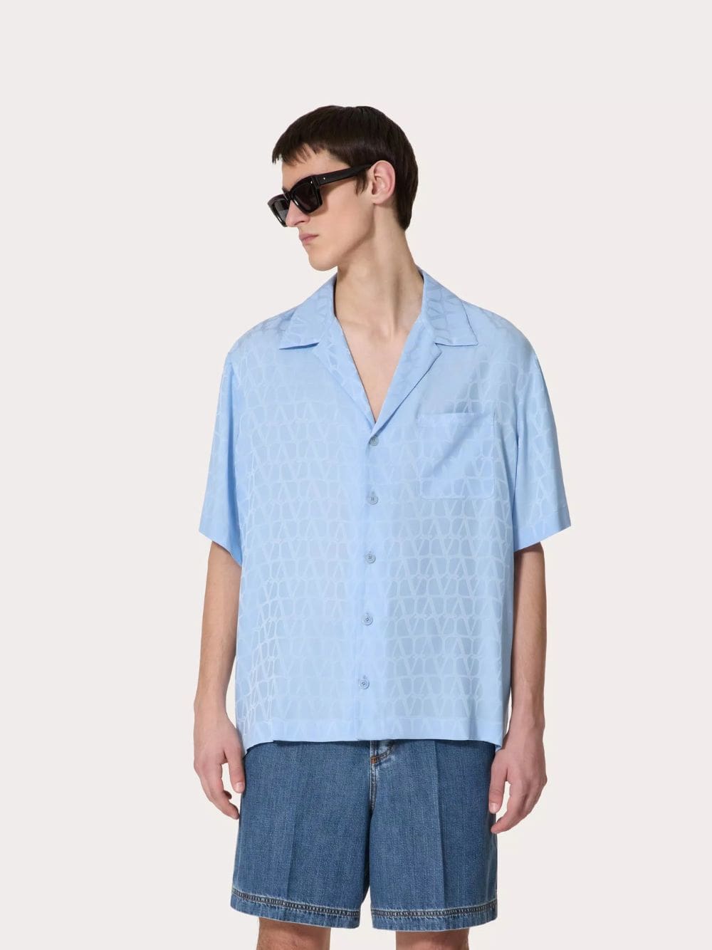 Sky Blue Toile Iconographe Pattern Silk Bowling Shirt