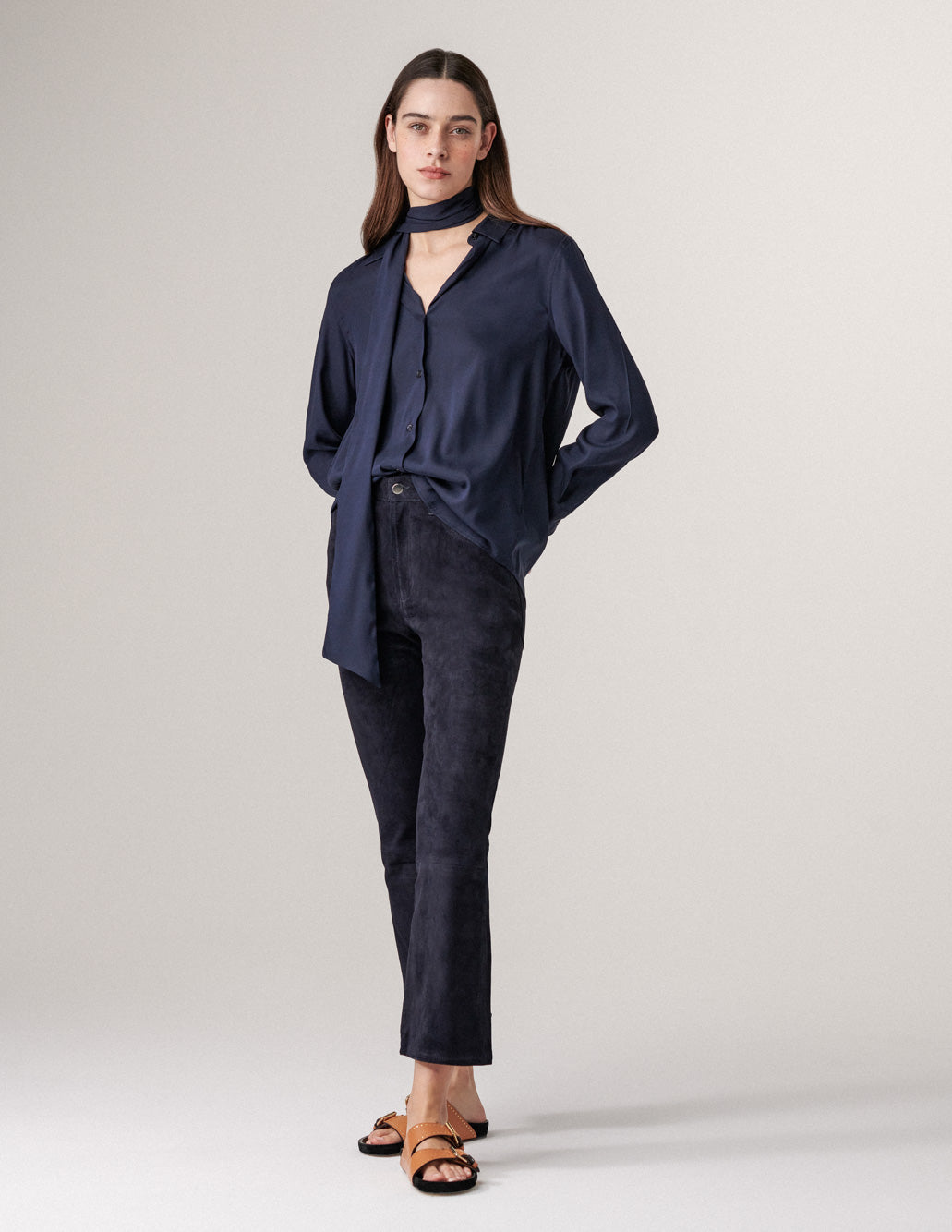 Zircon Navy Leather Flared Pants