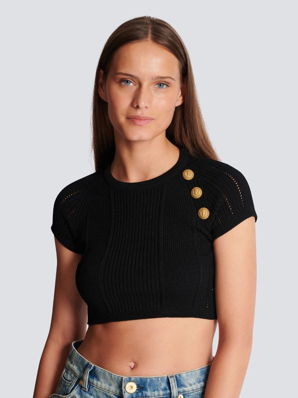 BalmainBlack Buttoned Knit Top at Fashion Clinic