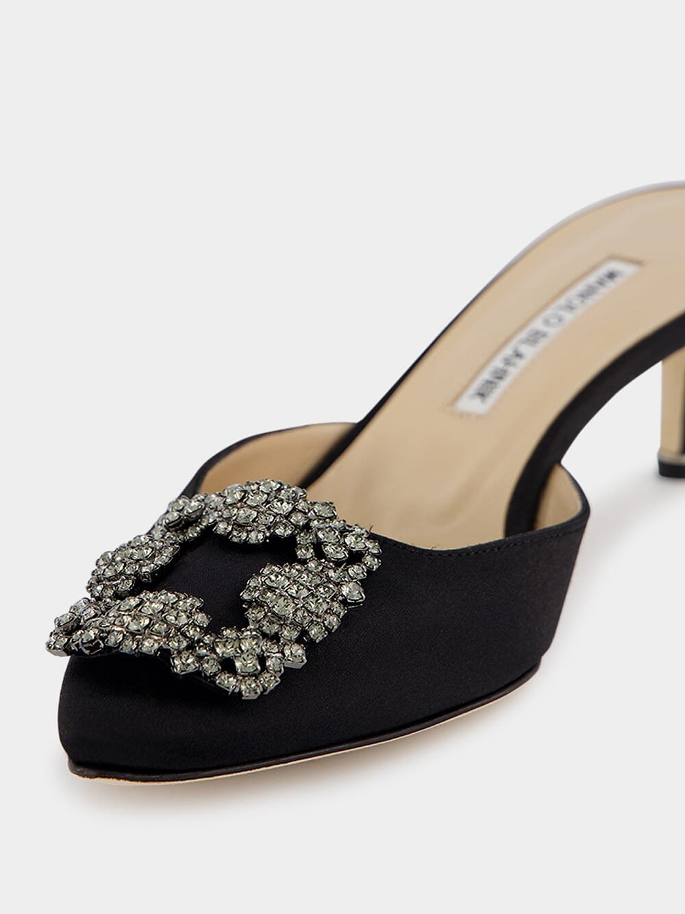 Manolo BlahnikHangisimu Black Satin Jewel Mules at Fashion Clinic