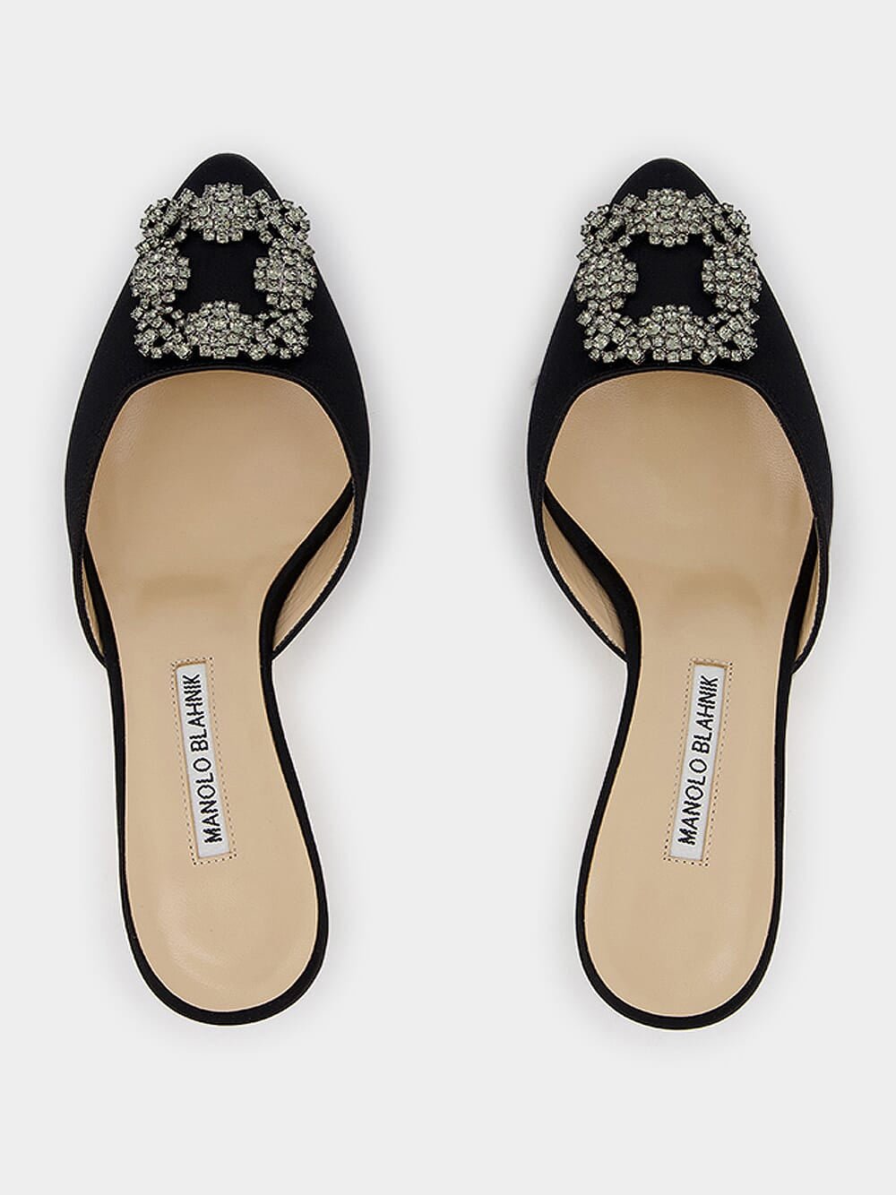 Manolo BlahnikHangisimu Black Satin Jewel Mules at Fashion Clinic