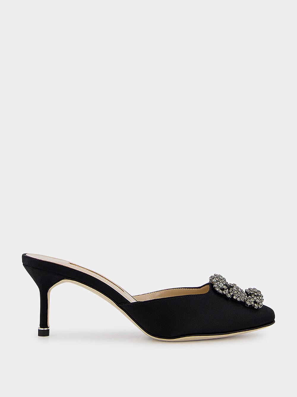 Manolo BlahnikHangisimu Black Satin Jewel Mules at Fashion Clinic