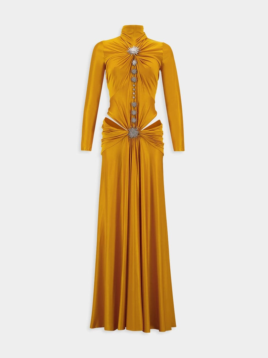 rabanne orange dress Rabanne Women's Embellished Ruched Cutout Maxi Dress In Orange