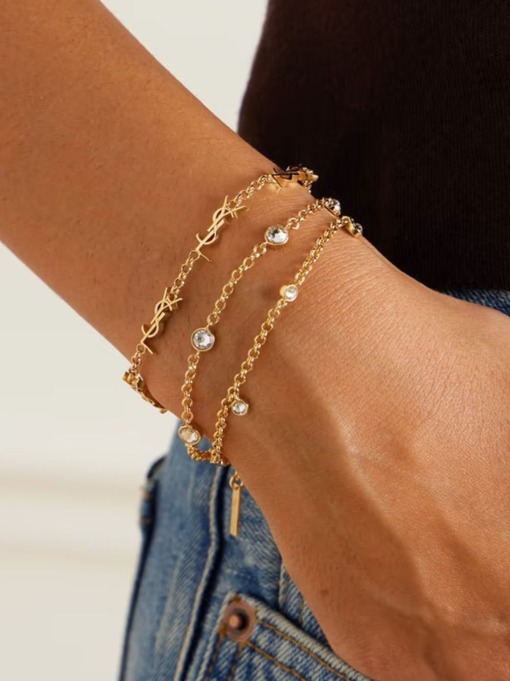 Saint LaurentGold Crystal Multi-Chain Bracelet at Fashion Clinic