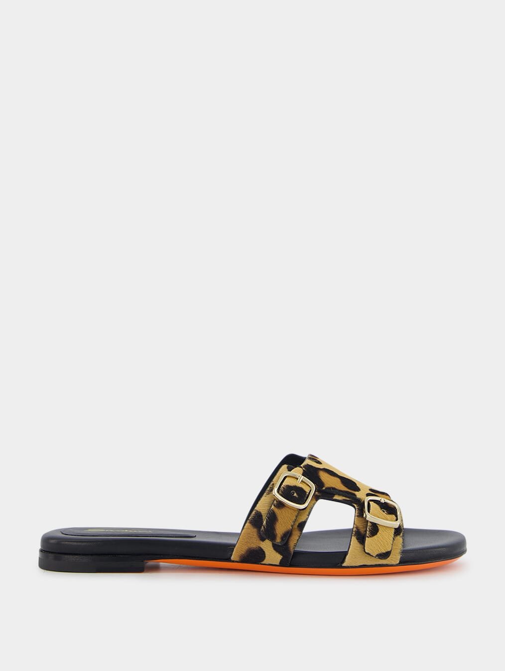 SantoniLeopard-Print Double-Buckle Leather Slides at Fashion Clinic