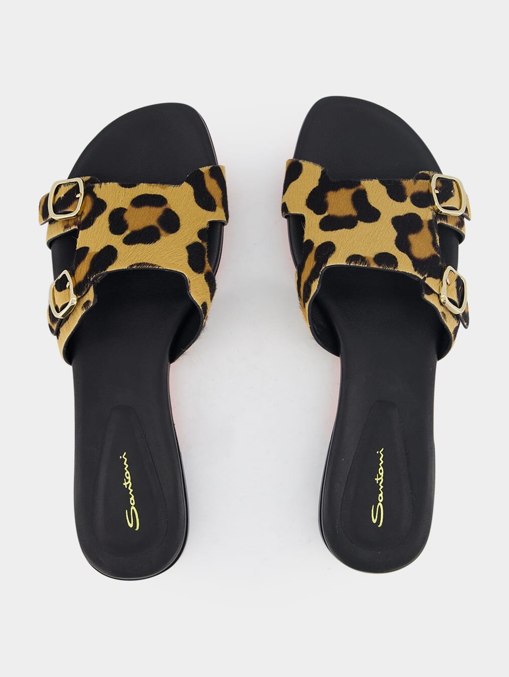 SantoniLeopard-Print Double-Buckle Leather Slides at Fashion Clinic