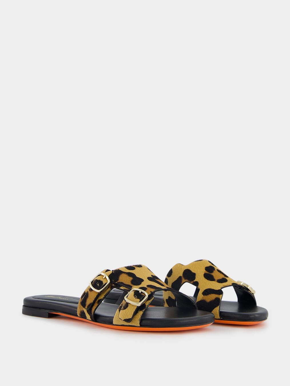 SantoniLeopard-Print Double-Buckle Leather Slides at Fashion Clinic