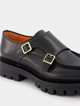 Santoni Polished Black Leather Double-Buckle Shoes