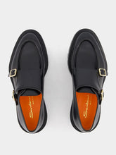 Santoni Polished Black Leather Double-Buckle Shoes