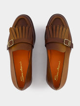 Santoni Polished Brown Leather Fringe Loafer