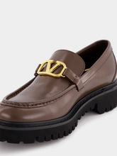 Valentino Garavani V Logo Signature Calfskin Leafers in Brown